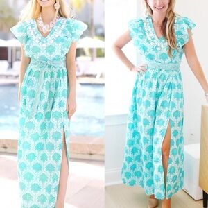 NWT Darlington Isle Taylor Starla Dress Teal Blockprint Beaded.    21